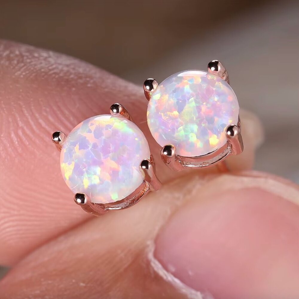 NEW 14k Rose Gold 6 MM White Opal Earrings Small Stud Earrings
